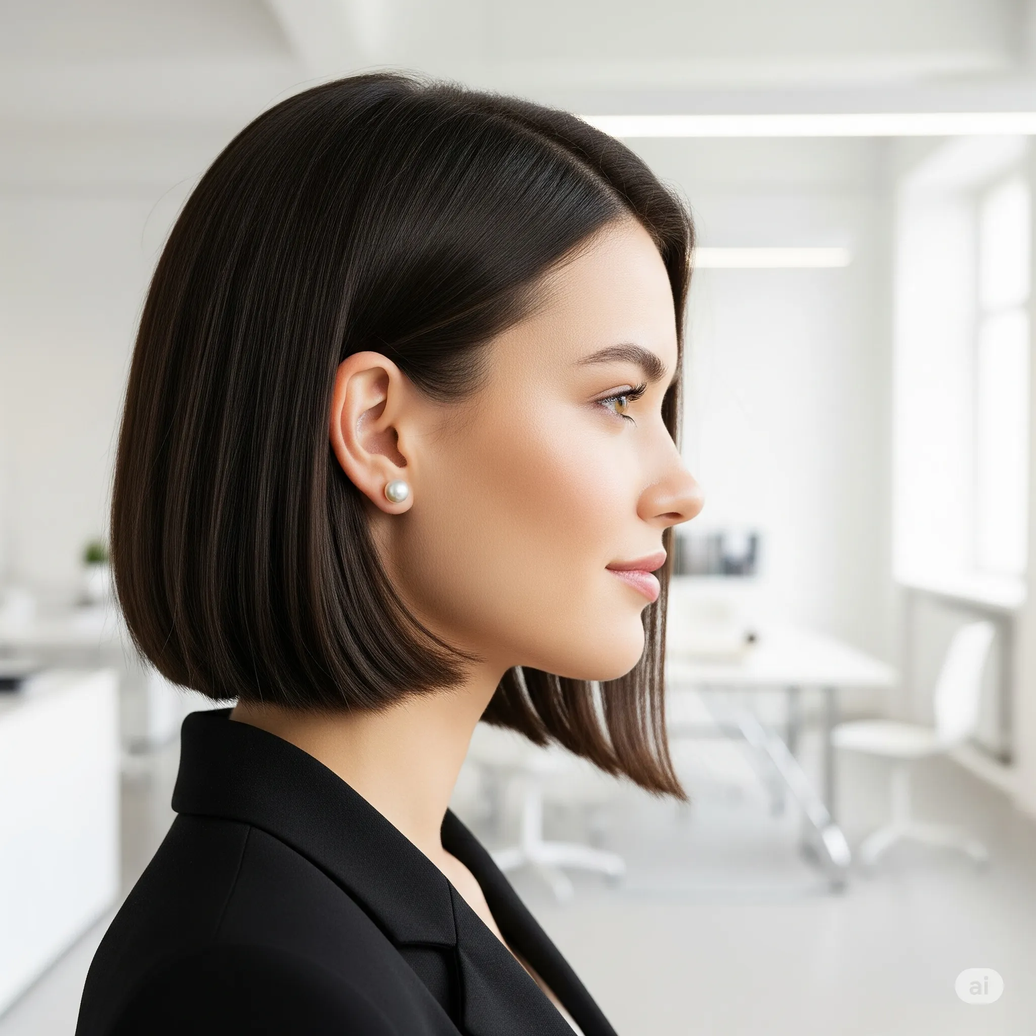 Woman wearing pearl stud earrings