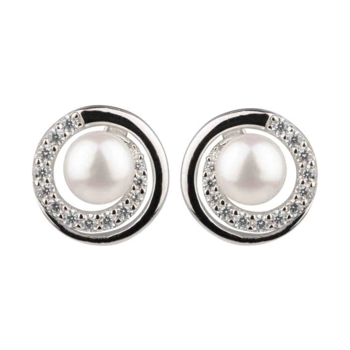  Freshwater Cultured Pearl & Cubic Zirconia Spiral Stud Earrings  |  Silver