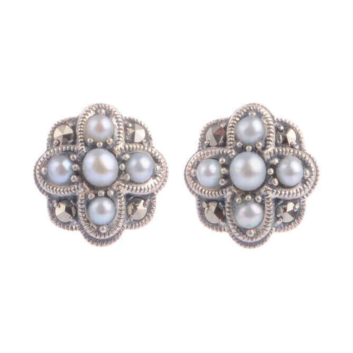 Freshwater Cultured Pearl & Marcasite Vintage Design Earrings  |  Silver 