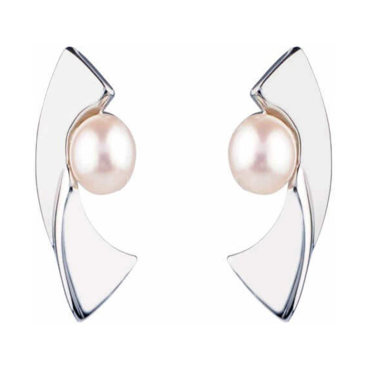 Freshwater Cultured Pearl Contemporary Curved Stud Earrings  |  Silver 