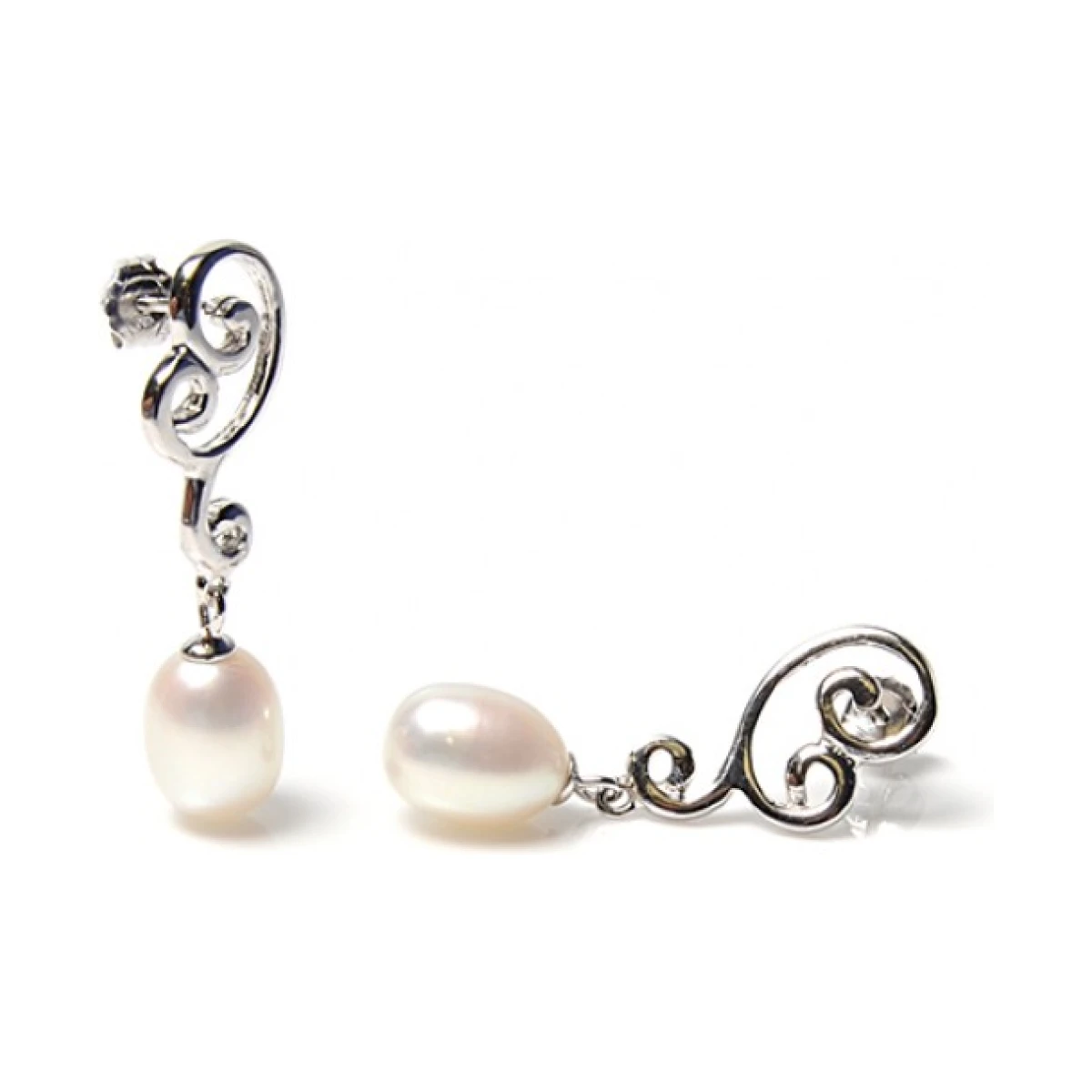  Freshwater Cultured Pearl Fancy Scrolling Design Earrings  |  Silver