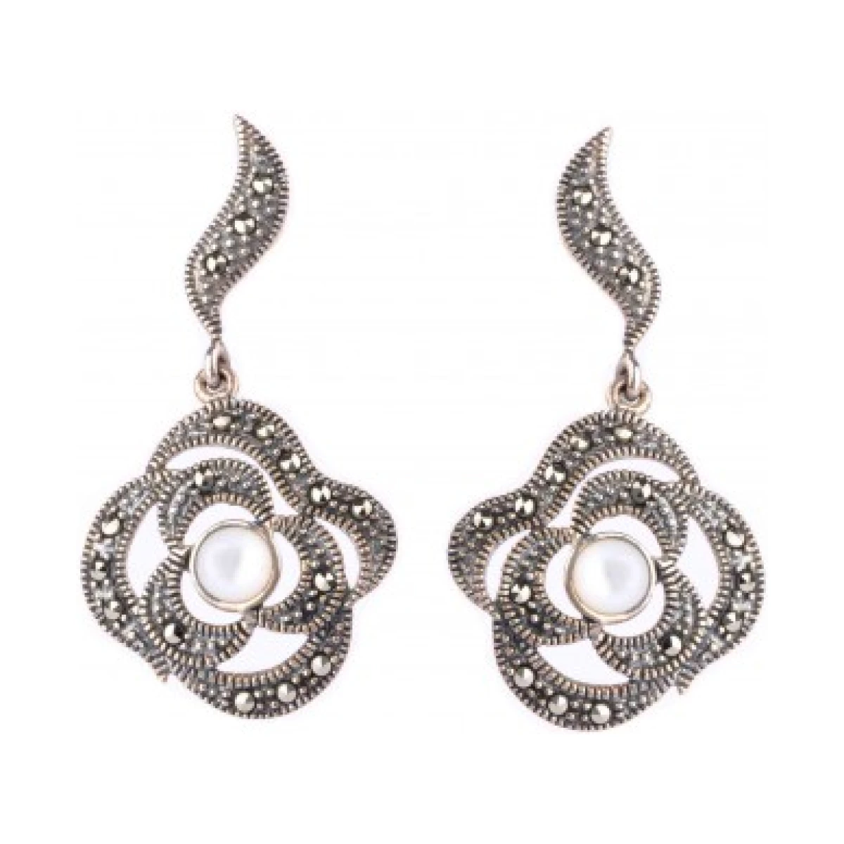  Mother Of Pearl & Marcasite Asymmetrical Drop Earrings  |  Silver
