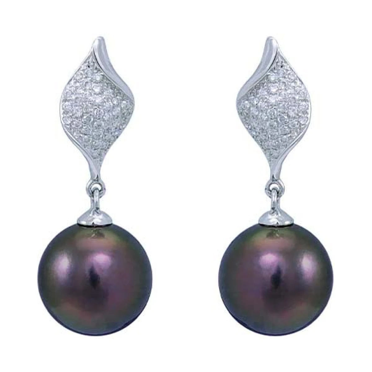 Tahitian Pearl & Diamond Twisted Leaf Earrings  |  18ct White Gold
