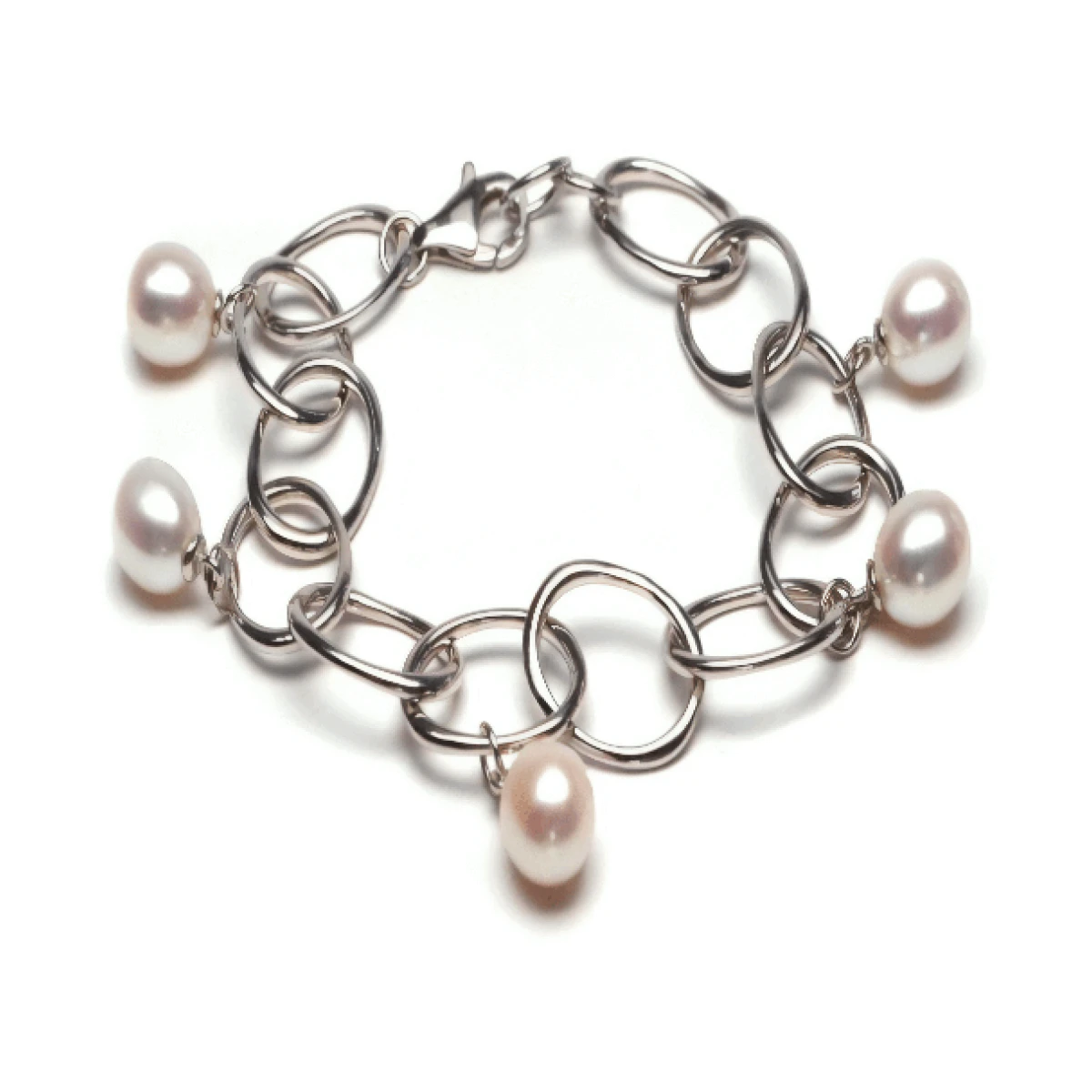 Large Oval Link Freshwater Drop Pearl Bracelet  |  Silver 