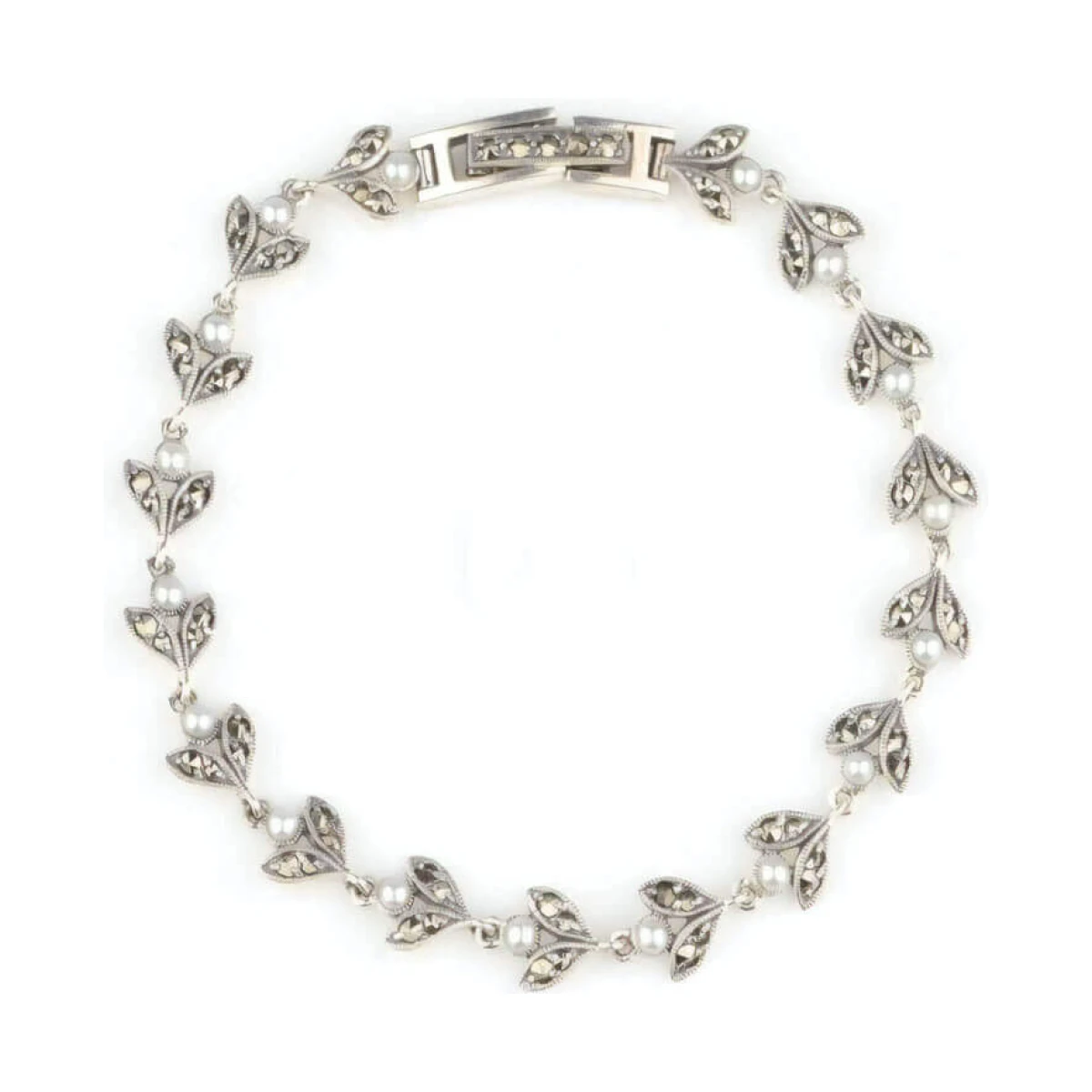 Antique Style Freshwater Seed Pearl & Marcasite Bracelet  |  Silver