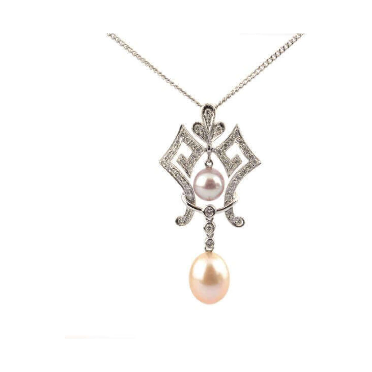 Freshwater Cultured Pearl & Diamond Antique Style Pendant & Chain | 18ct White Gold