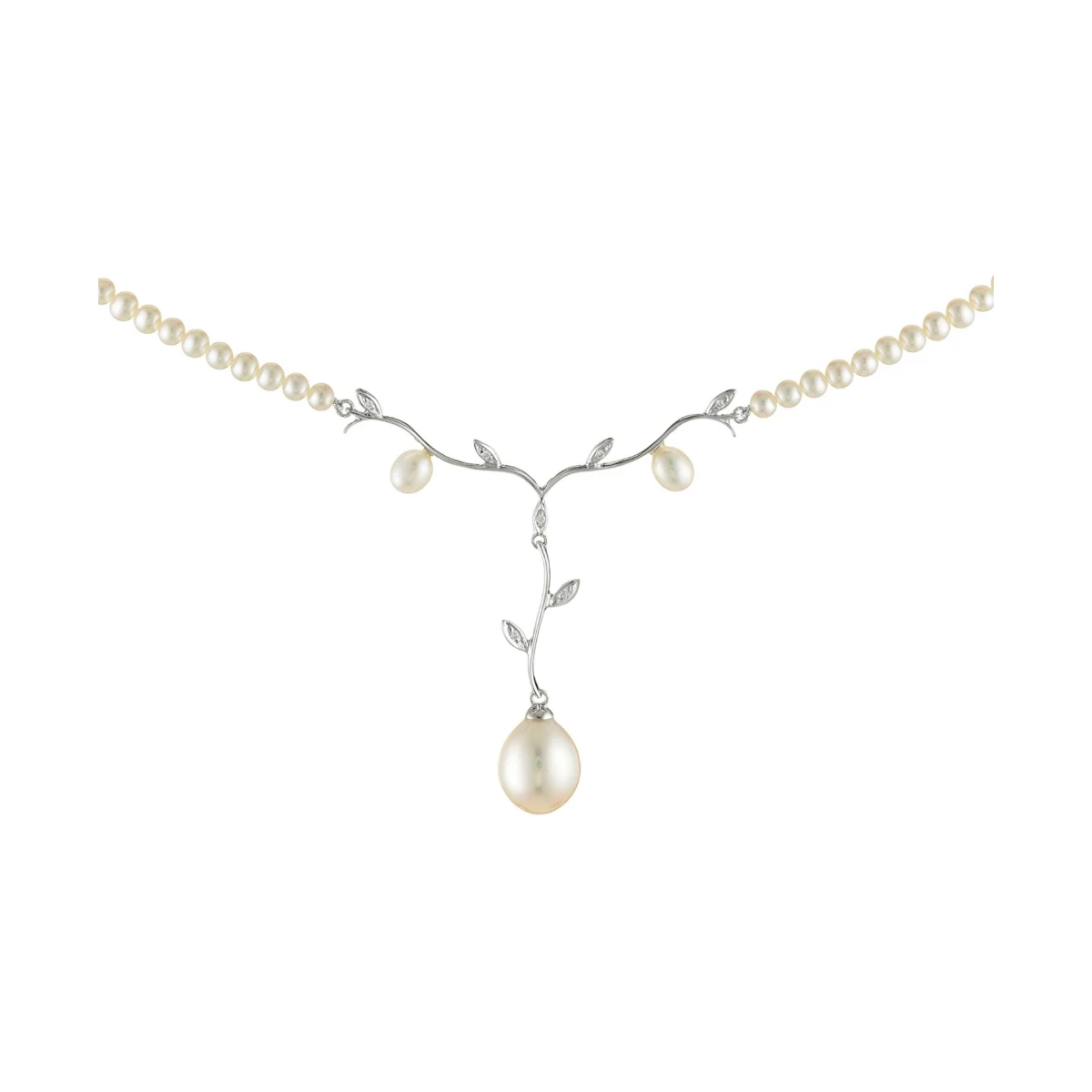 Freshwater Pearl Necklace With Diamond Foliate Pendant  |  9ct Gold
