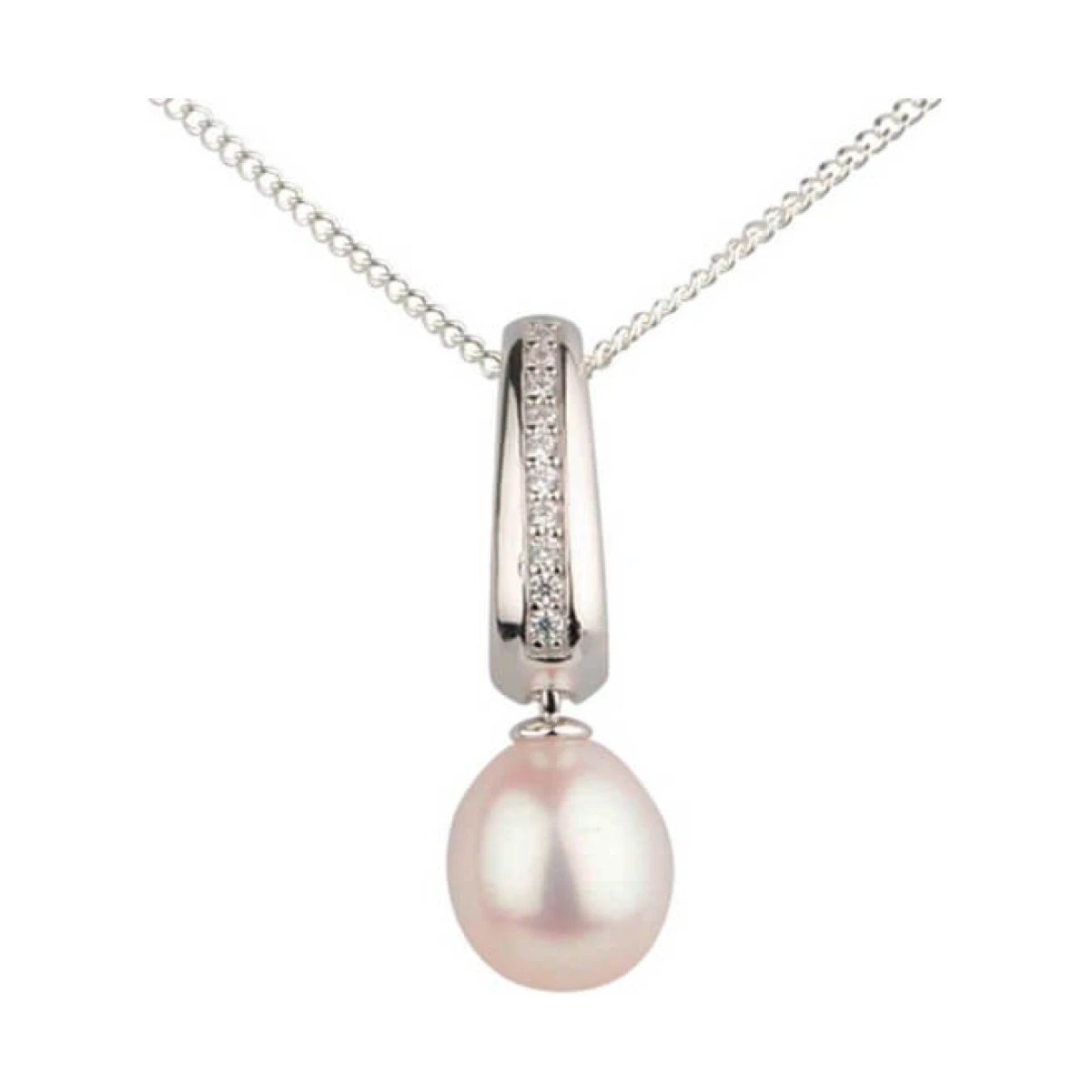 Freshwater Cultured Pearl & Cubic Zirconia Pendant and Chain  |  Silver 