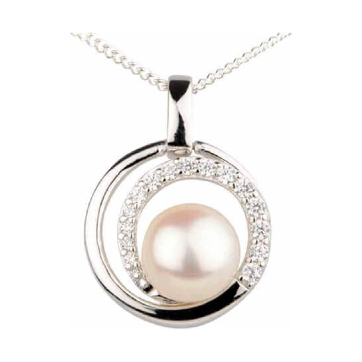  Freshwater Cultured Pearl & Cubic Zirconia Concentric Pendant and Chain | Silver