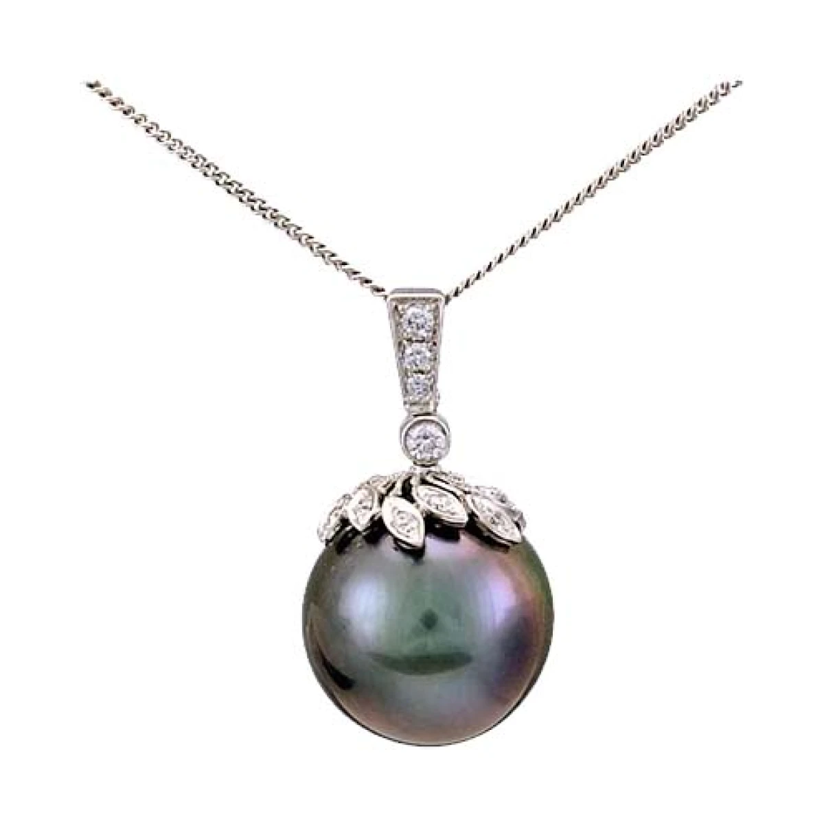 Tahitian Pearl & Diamond Leaf Motif Design Pendant  |  18ct White Gold