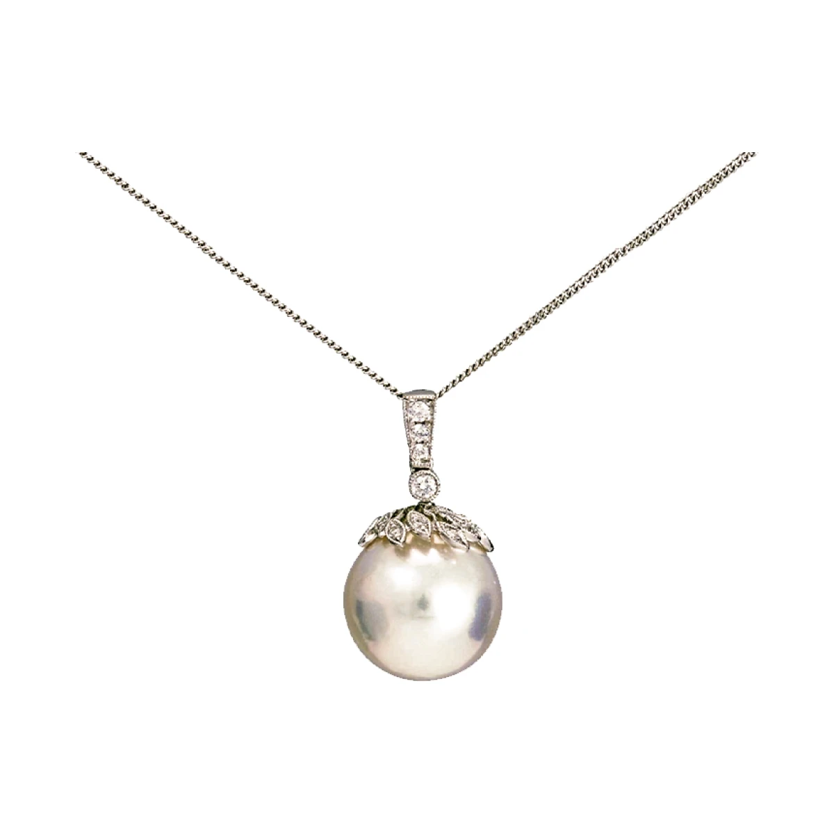 South Sea Pearl & Diamond Leaf Motif Design Pendant  |  18ct White Gold