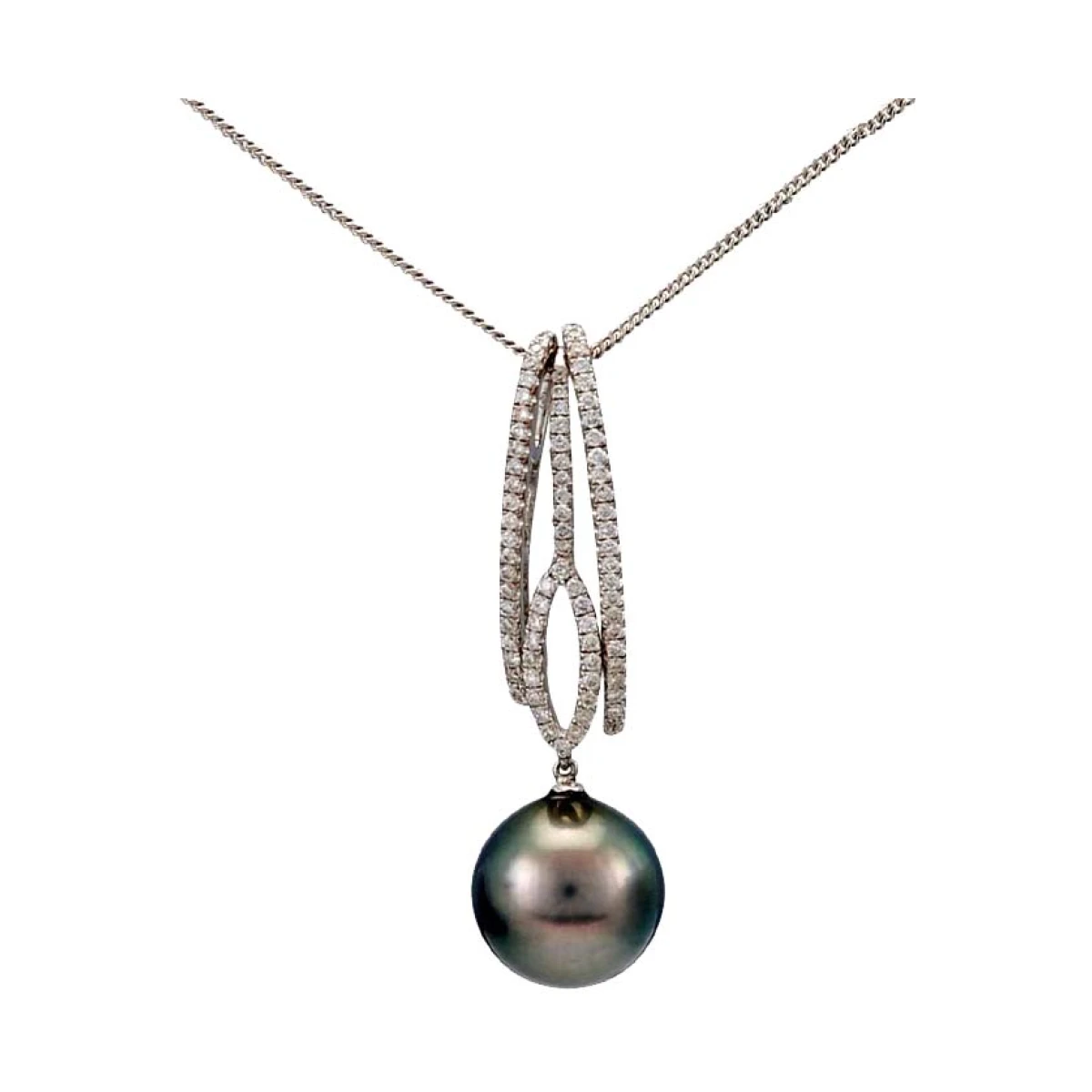 Tahitian Pearl & Diamond Contemporary Open Design Pendant  |  18ct White Gold 