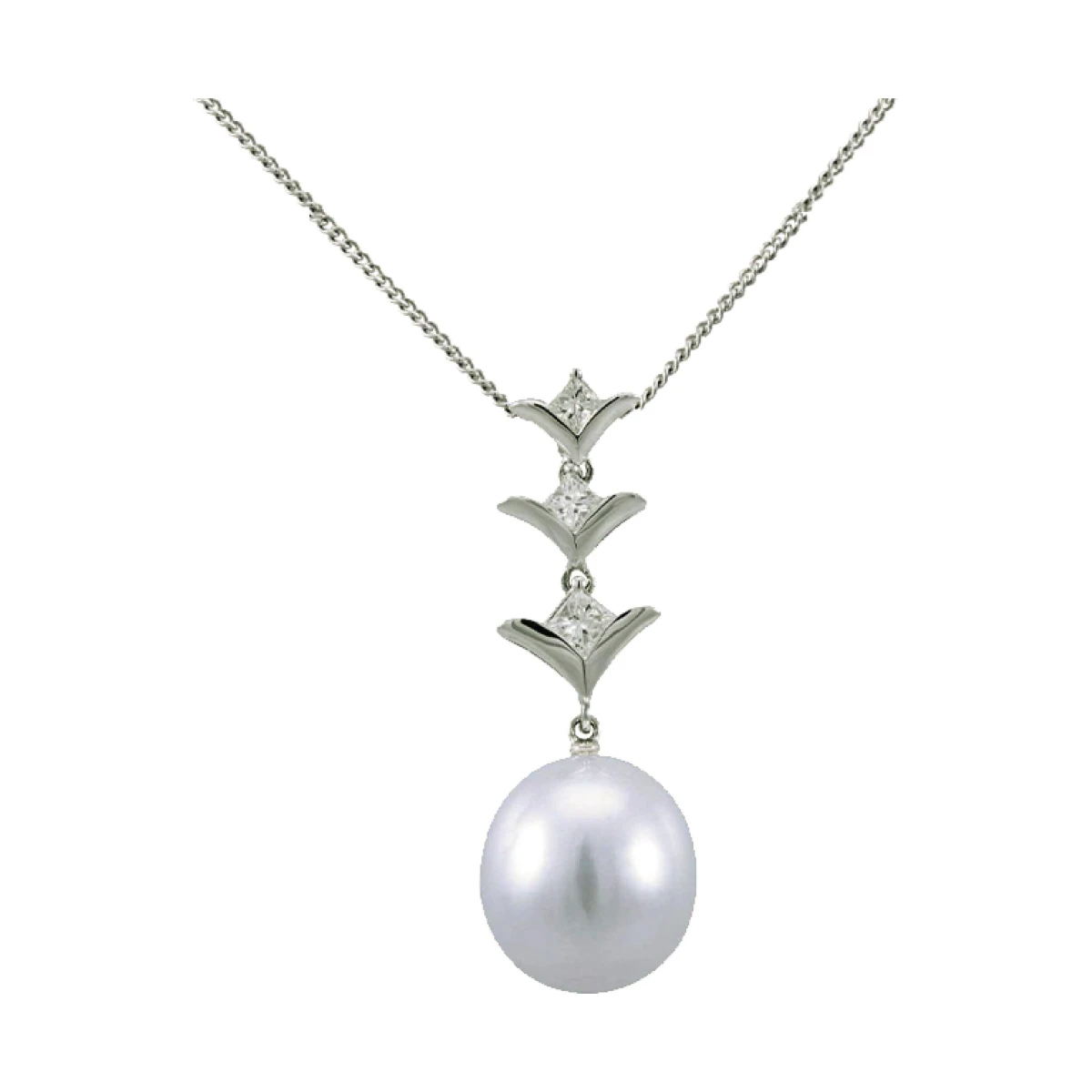 South Sea Pearl & Princess Cut Diamond 'V' Design Pendant  |  18ct White Gold