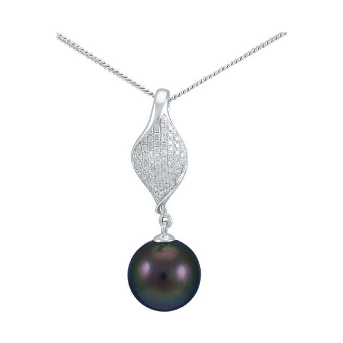 Tahitian Pearl & Diamond Contemporary Twisted Leaf Design Pendant  |  18ct White Gold