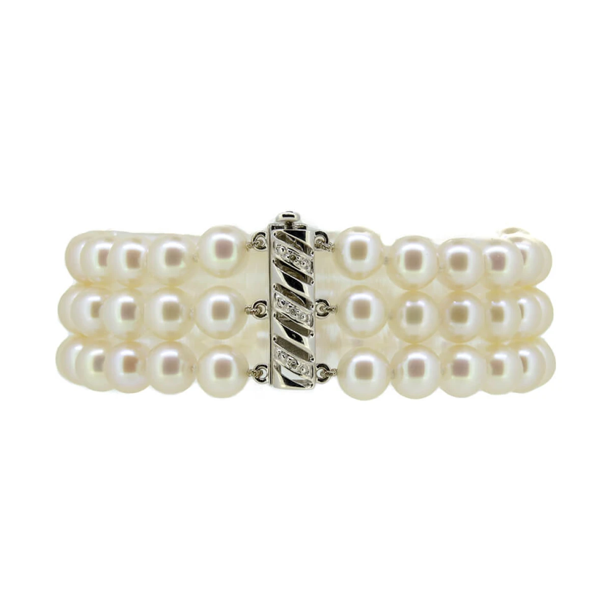 Freshwater Pearl Three Row Bracelet On 18ct White Gold & Diamond Clasp