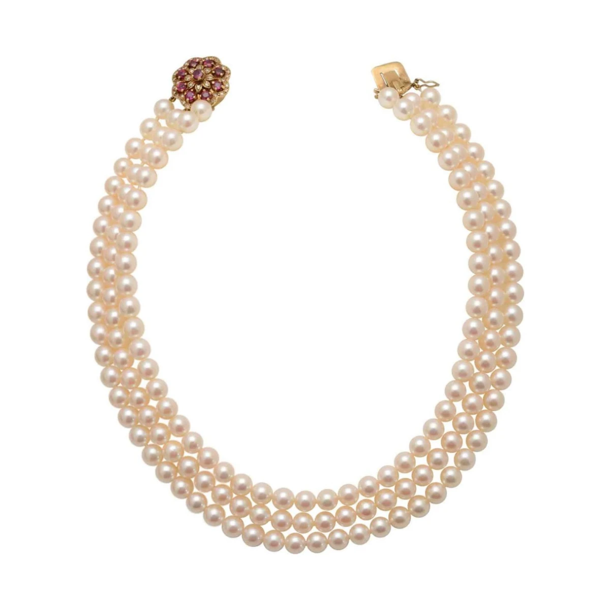 Three Strand Akoya Pearl Necklace with 18ct Ruby & Diamond Clasp