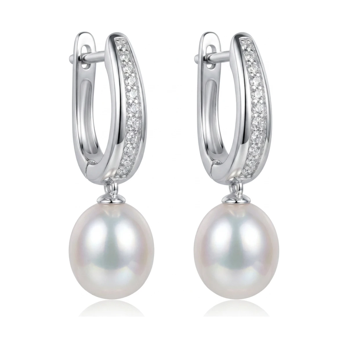 Freshwater Pearl & Cubic Zirconia Large Huggie Earring  |  Silver